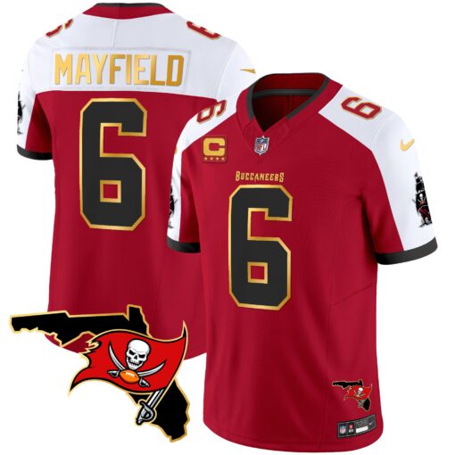 Men's Tampa Bay Buccaneers #6 Baker Mayfield Red/White With Florida Patch Gold Trim Vapor Football Stitched Jersey